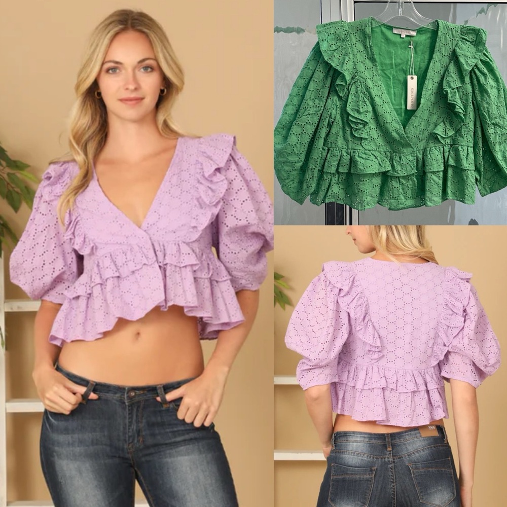 OLIVACEOUS Green V-NECK EYELET RUFFLE DETAIL PUFF SLEEVE CROP TOP NWT Sz M